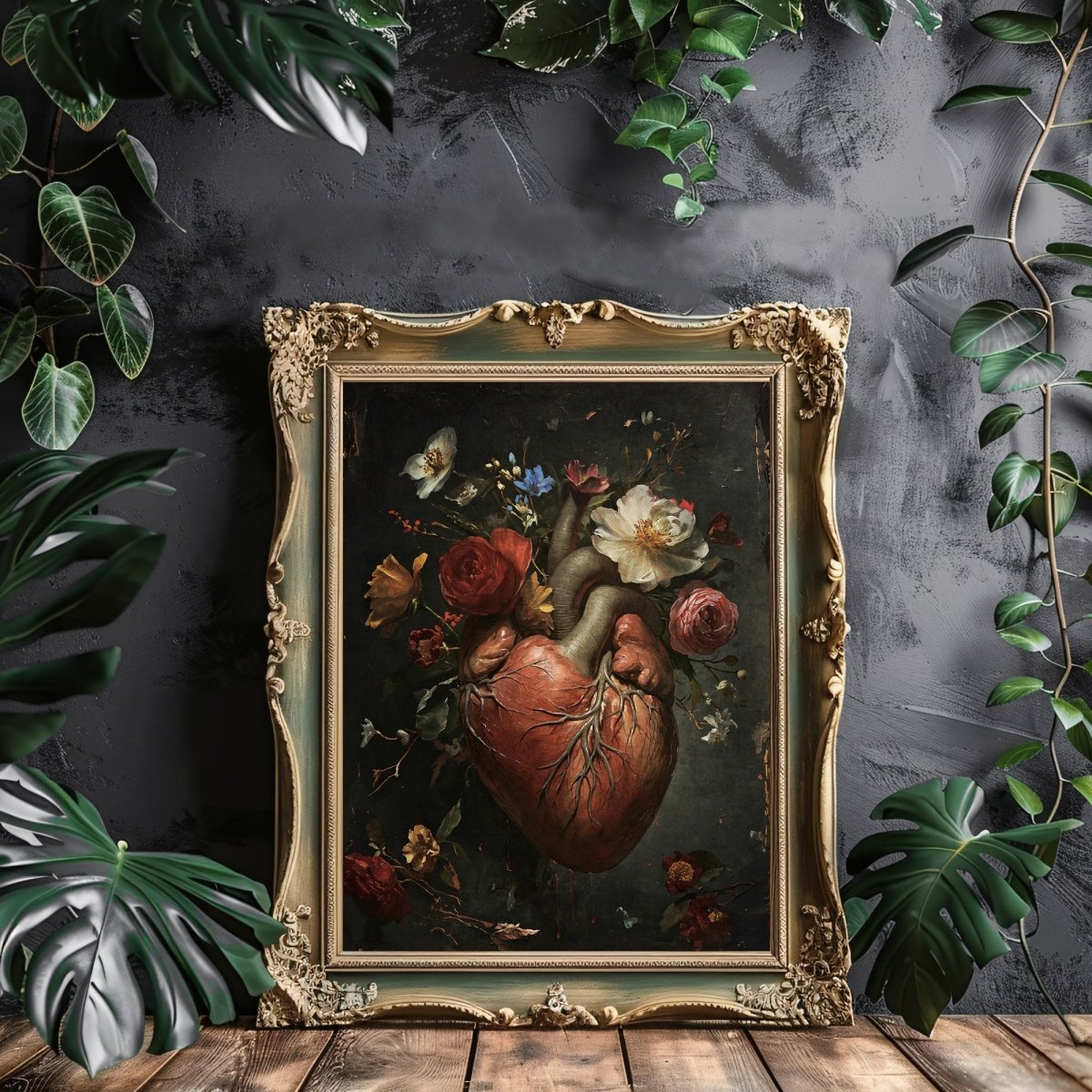 Macabre Valentine Gothic Wall Art Antique Oil Painting Human Heart with Flowers Creepy Gothic Decor Goblincore Decor Dark Romance Print Paper Poster Print - Everything Pixel