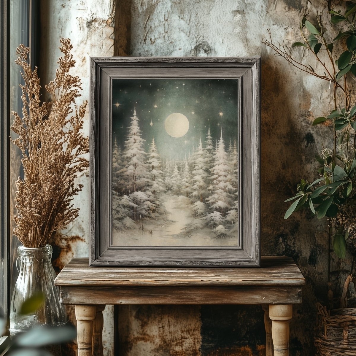 Magical Winter Night Wall Art Vintage Winter Woodland Artwork Enchanting Christmas Night Print Swedish Winter Wonderland Paper Poster Print - Everything Pixel