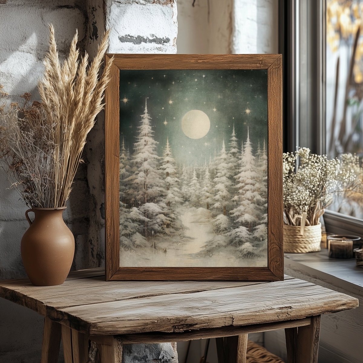 Magical Winter Night Wall Art Vintage Winter Woodland Artwork Enchanting Christmas Night Print Swedish Winter Wonderland Paper Poster Print - Everything Pixel
