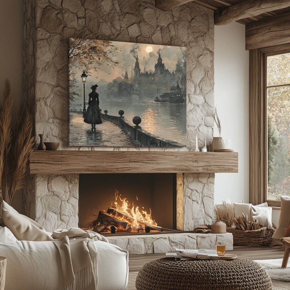 Melancholic Solitude Canvas Print - Victorian Woman, Moody Autumn Cityscape - Everything Pixel