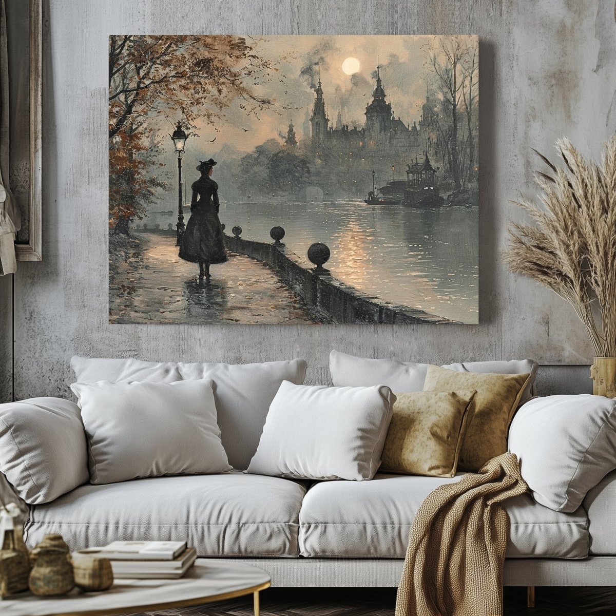 Melancholic Solitude Canvas Print - Victorian Woman, Moody Autumn Cityscape - Everything Pixel