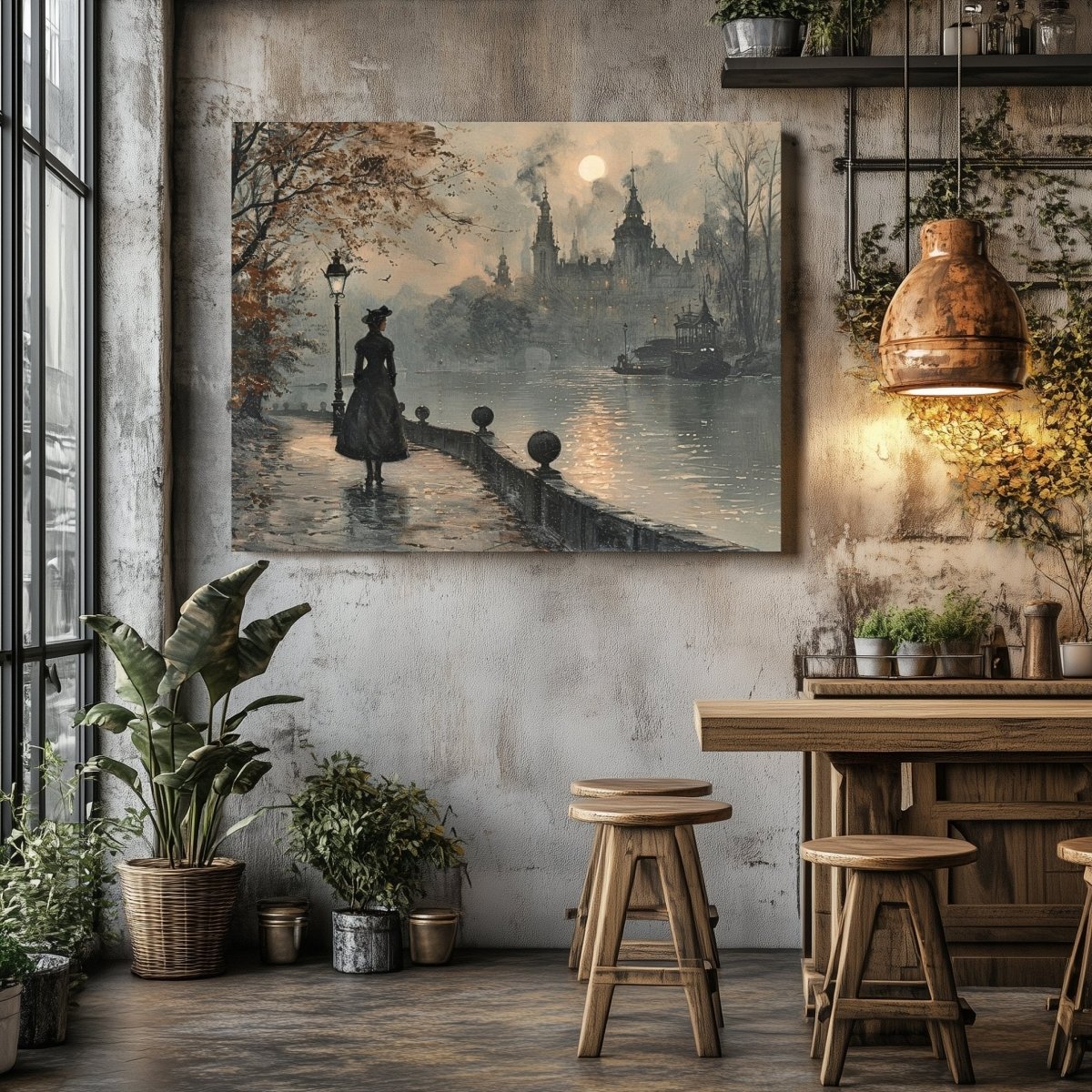 Melancholic Solitude Canvas Print - Victorian Woman, Moody Autumn Cityscape - Everything Pixel