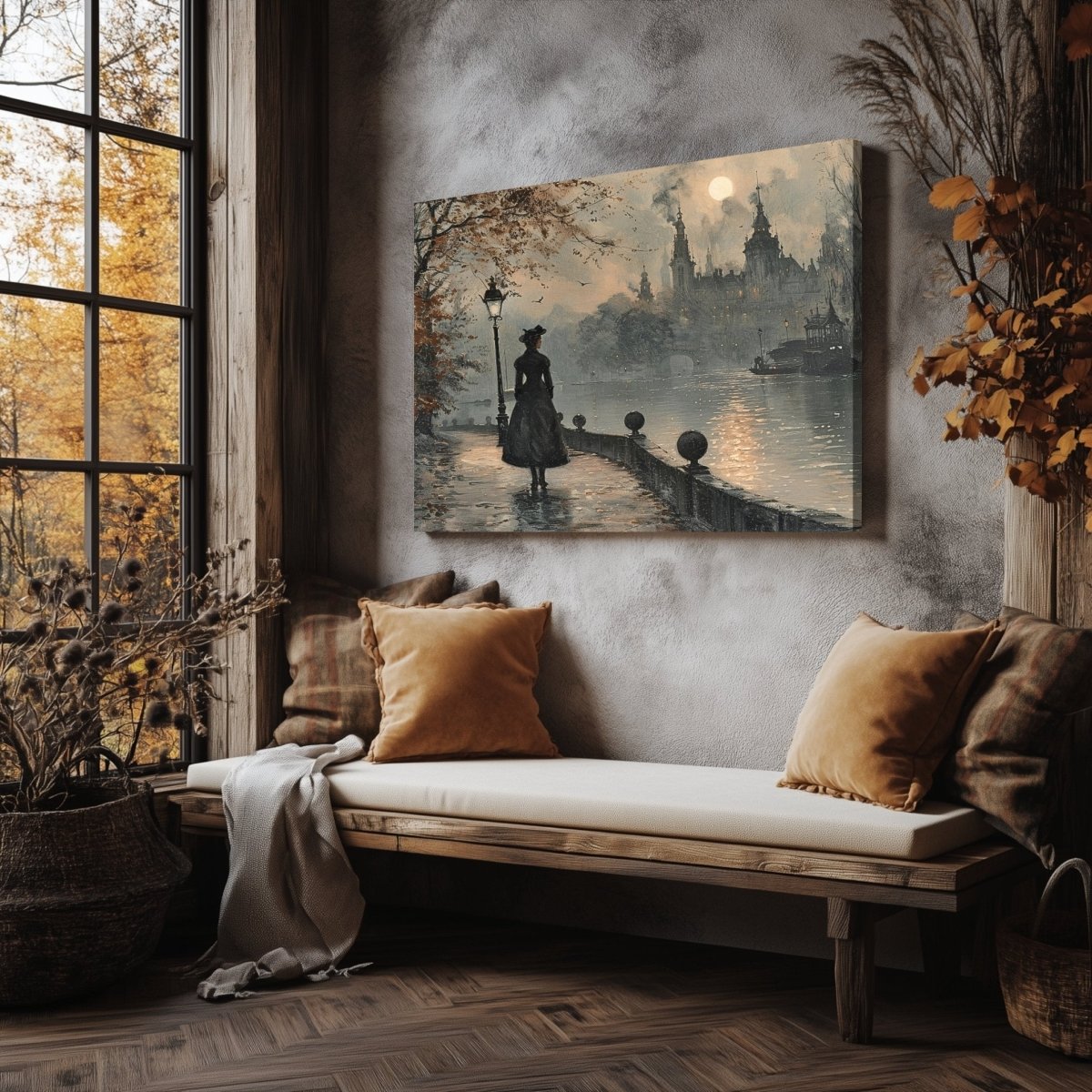 Melancholic Solitude Canvas Print - Victorian Woman, Moody Autumn Cityscape - Everything Pixel