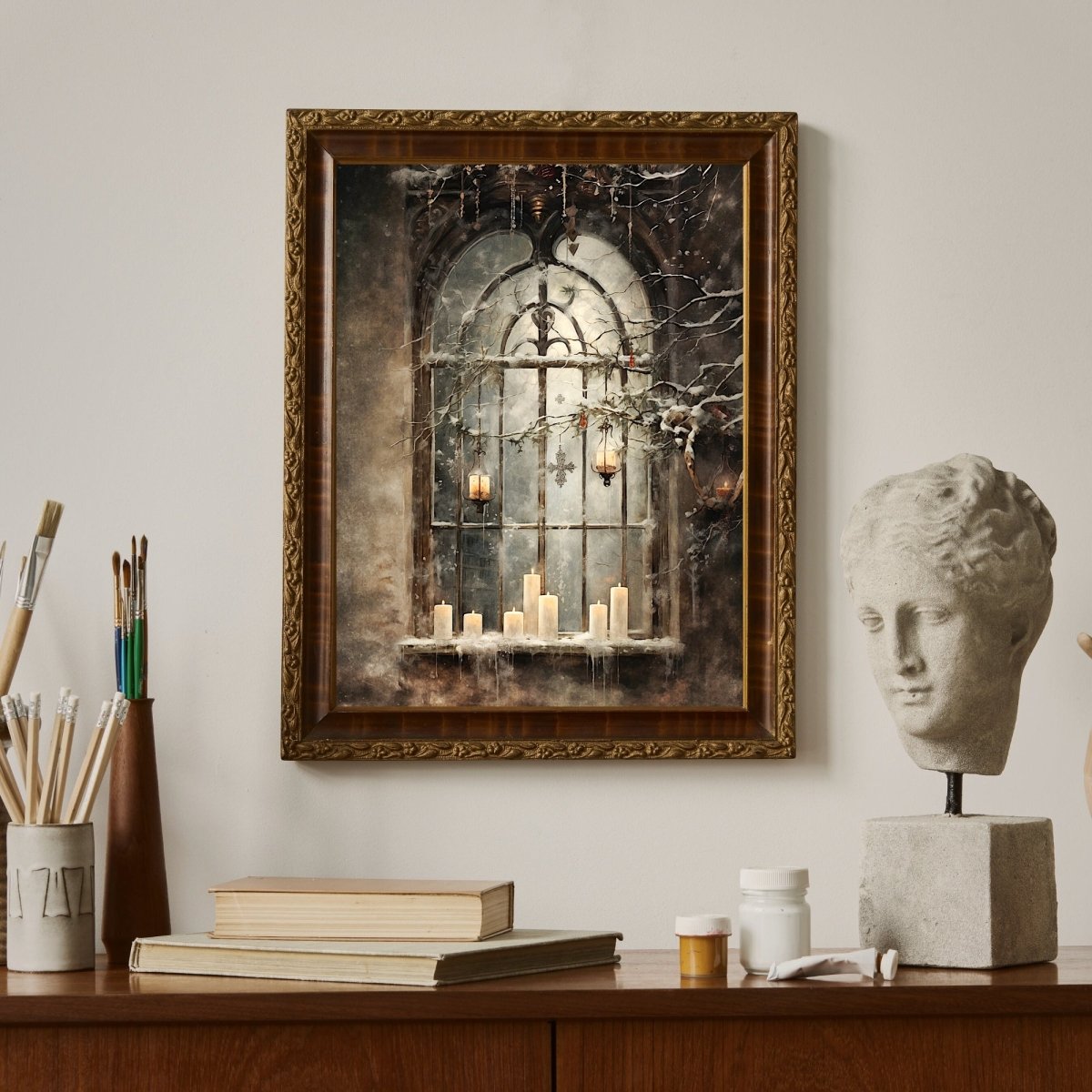 Moody Winter Window Gothic Wall Art Abandoned Mansion Christmas Painting Gothic Winter Melancholic Art Paper Poster Print - Everything Pixel
