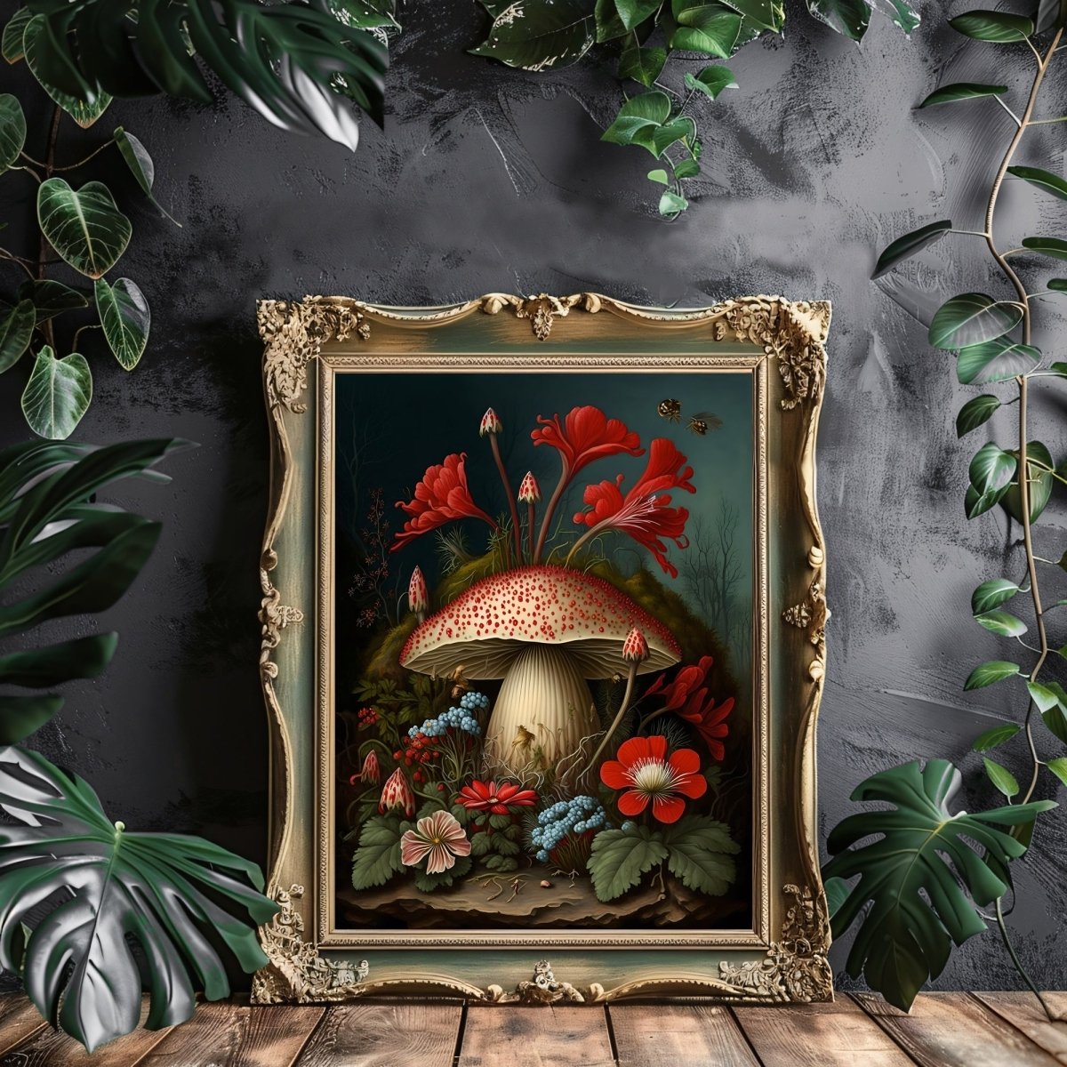 Mushrooms and Flowers in Woodland Gothic Wall Art, Dark Academia, Goblincore, Botanical Decor, Witchy Gothic Cottagecore, Mushroom Art Paper Poster Prints - Everything Pixel