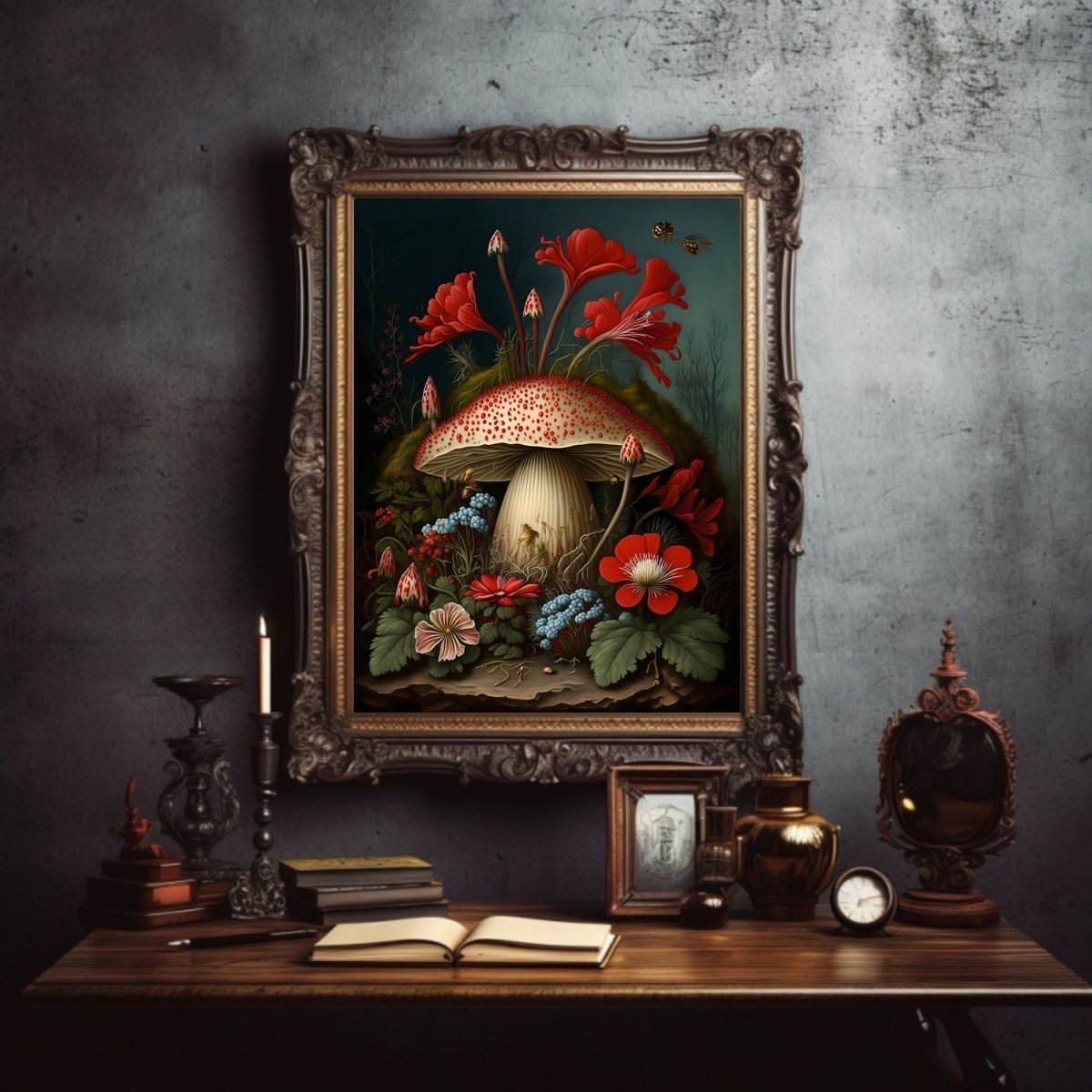 Mushrooms and Flowers in Woodland Gothic Wall Art, Dark Academia, Goblincore, Botanical Decor, Witchy Gothic Cottagecore, Mushroom Art Paper Poster Prints - Everything Pixel