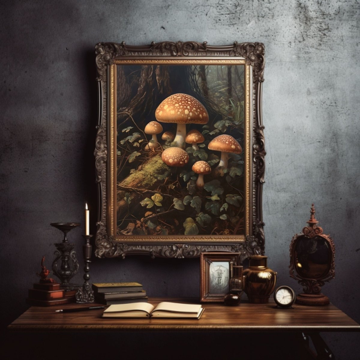 Mushrooms in Woodland Gothic Wall Art Dark Academia, Goblincore, Vintage Botanical Decor, Witchy Gothic Cottagecore, Mushroom Paper Poster Prints - Everything Pixel