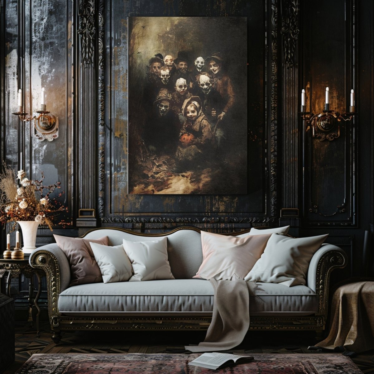 Mysterious Halloween Gathering Canvas Print - Macabre Decor, Spooky Vintage Art - Everything Pixel