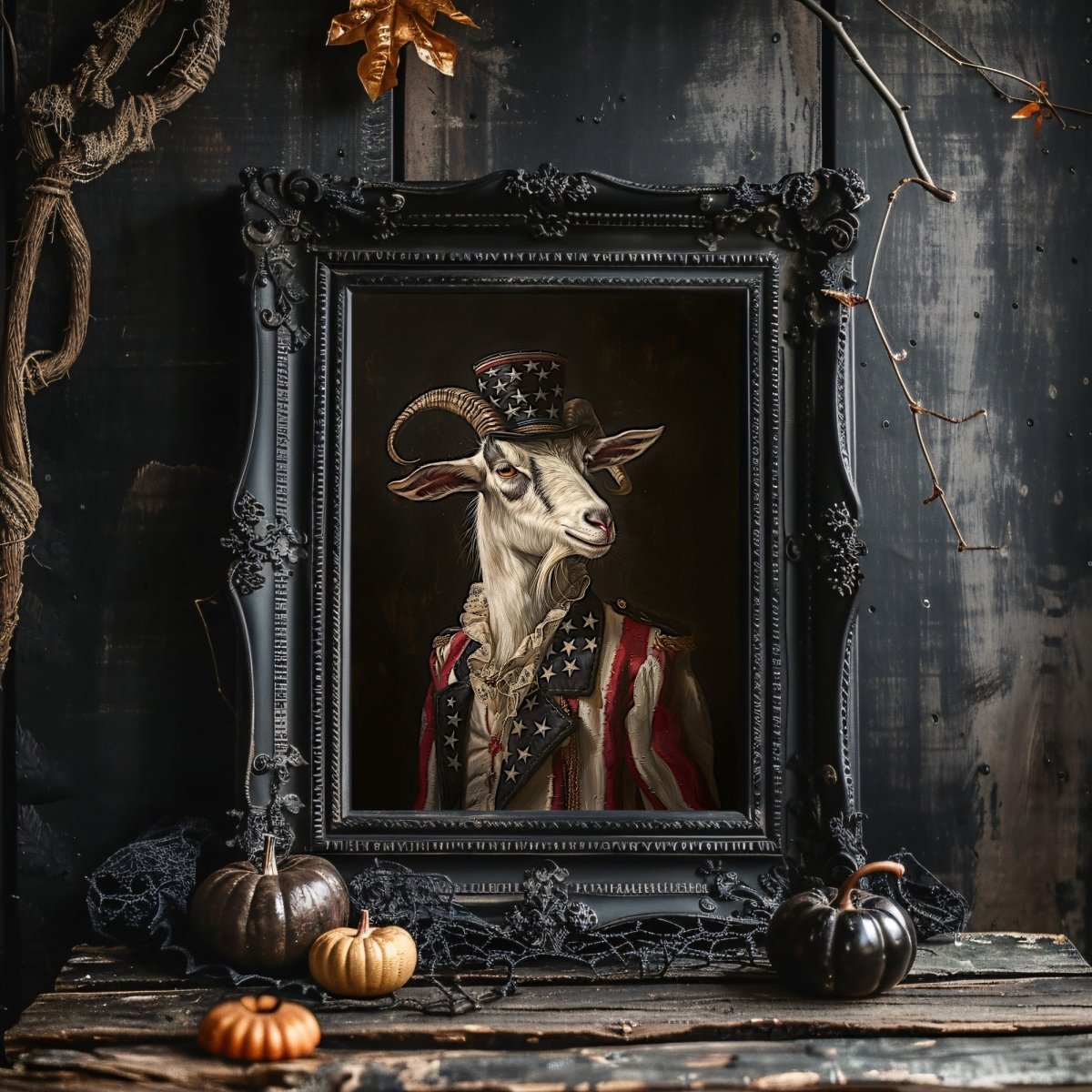 Patriotic Goat Portrait Wall Art Print - Quirky Dark Gothic Animal Art - Everything Pixel