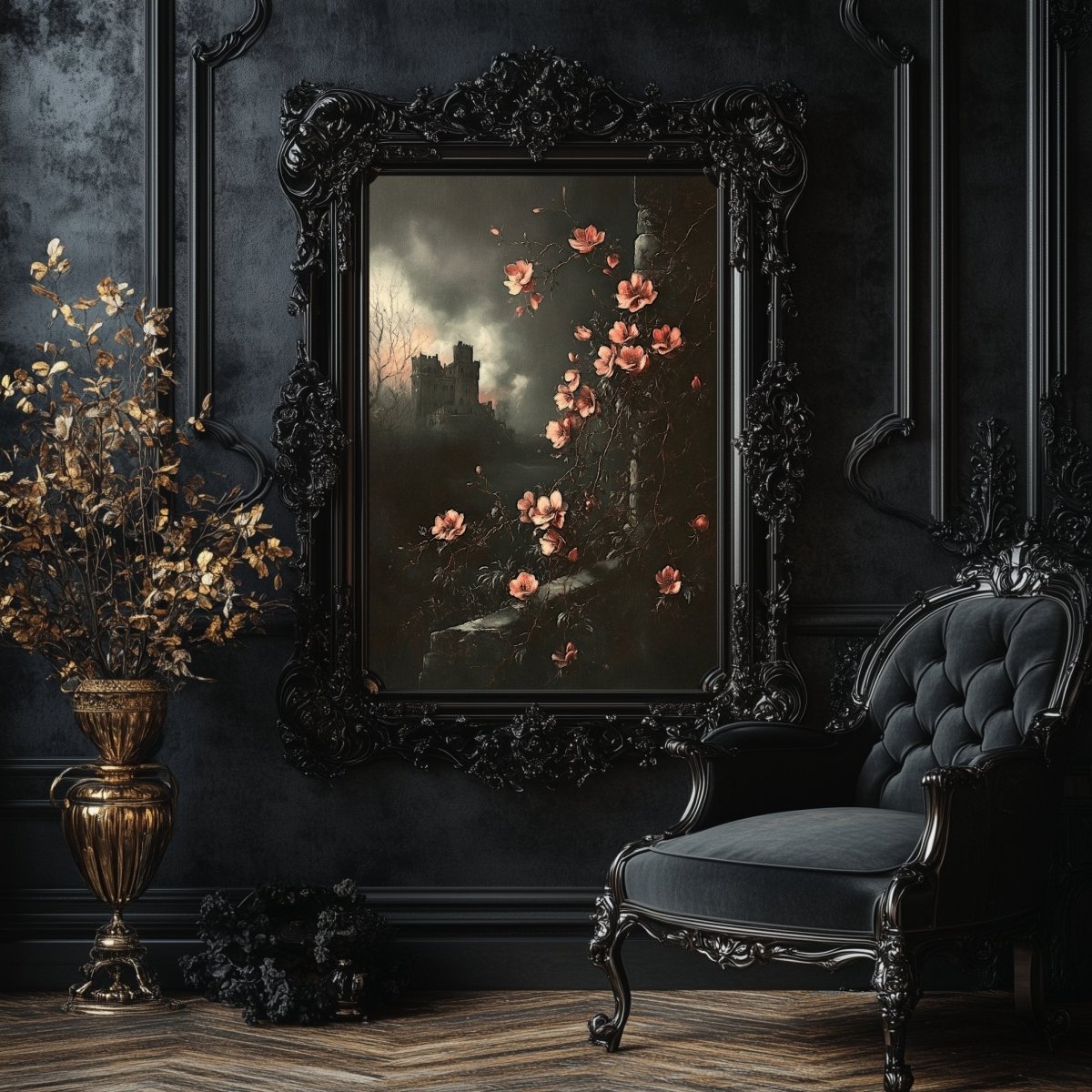 Pink Blossoms & Gothic Castle Wall Art Print – Moody Victorian Floral Landscape Artwork - Everything Pixel