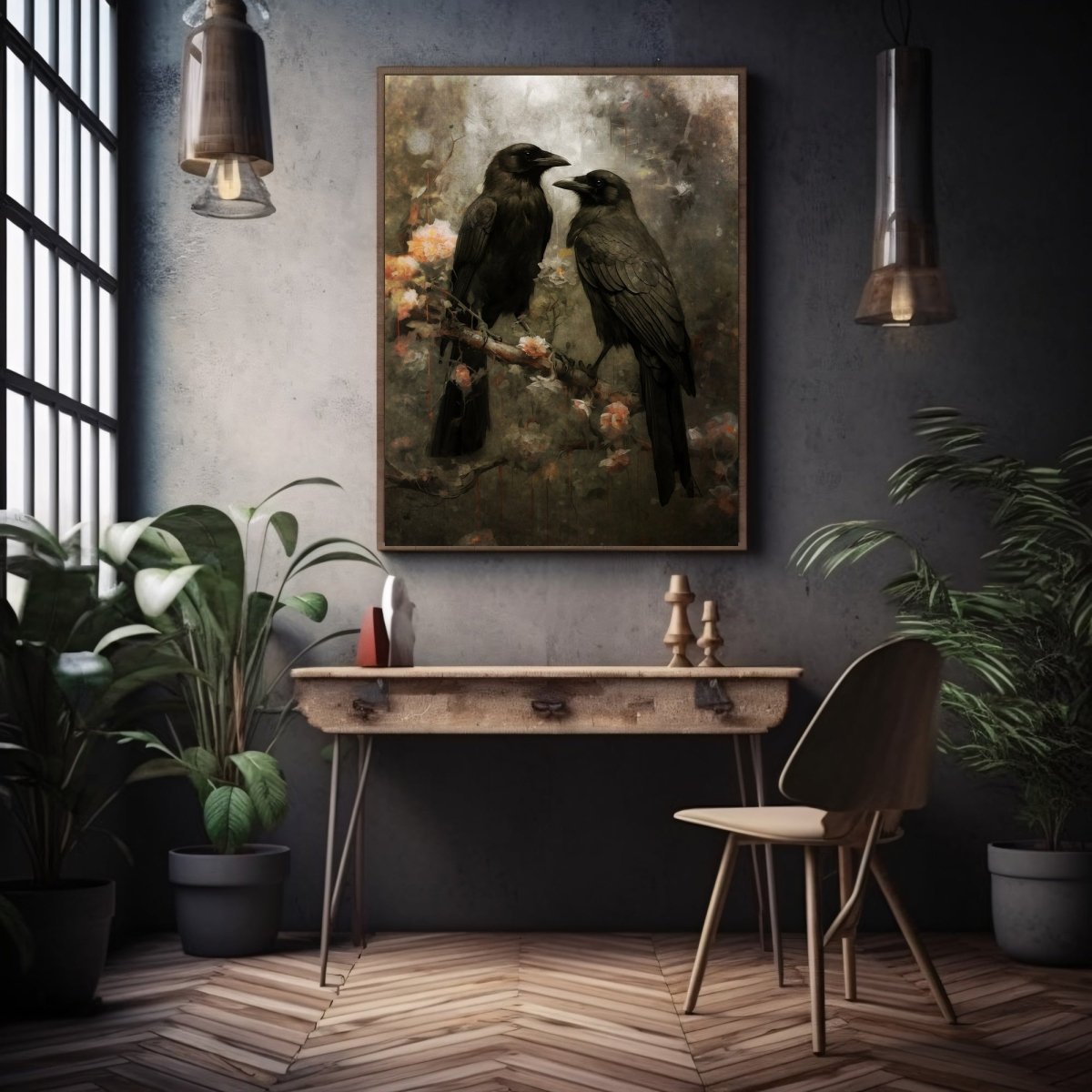 Raven Couple in Dark Forest Wall Art Vintage Dark Cottagecore Wildlife Painting Gothic Decor Dark Academia Artwork Retro Art Paper Poster Print - Everything Pixel