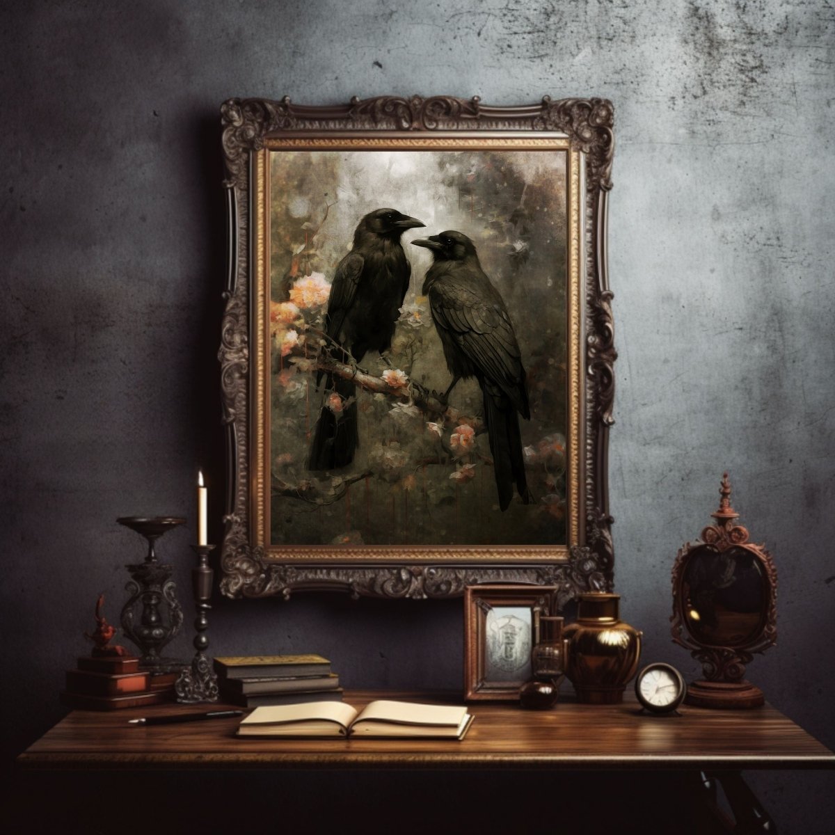 Raven Couple in Dark Forest Wall Art Vintage Dark Cottagecore Wildlife Painting Gothic Decor Dark Academia Artwork Retro Art Paper Poster Print - Everything Pixel