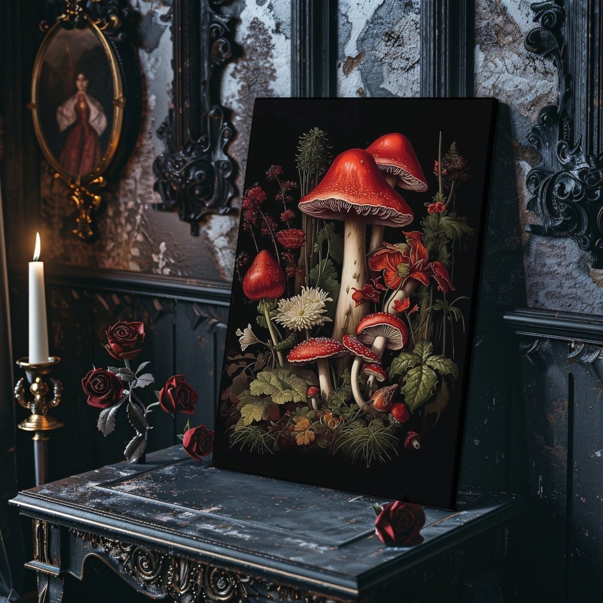 Red Mushrooms in Dark Forest Canvas Print Dark Cottagecore Goblincore Vintage Botanical Amanita Decor Whimsigoth Gothic Dark Academia - Everything Pixel