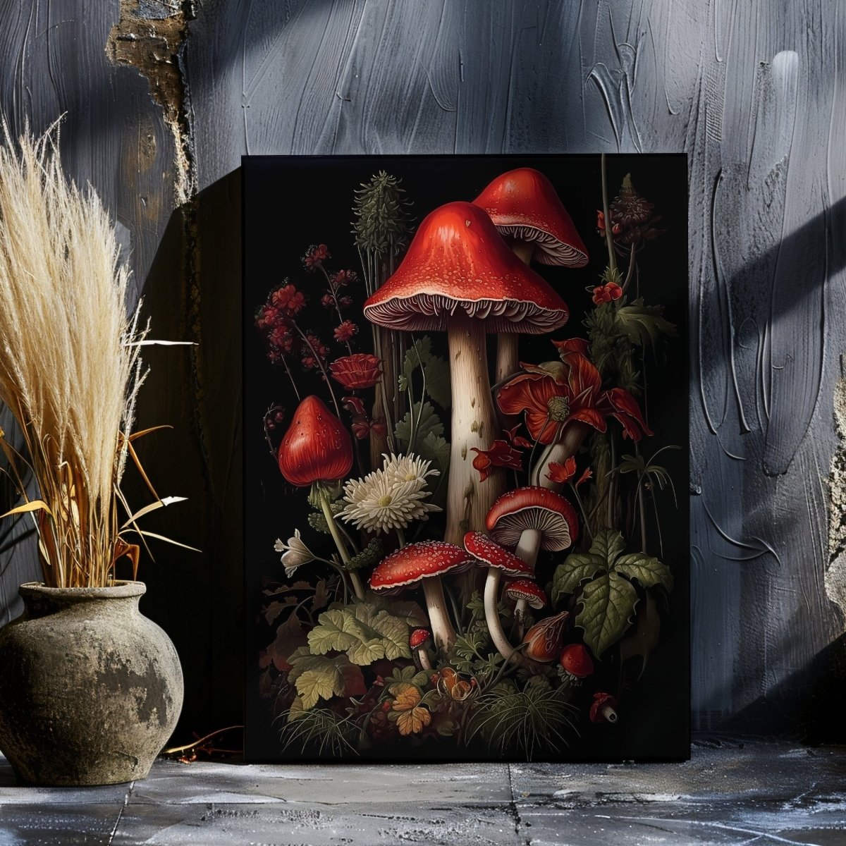 Red Mushrooms in Dark Forest Canvas Print Dark Cottagecore Goblincore Vintage Botanical Amanita Decor Whimsigoth Gothic Dark Academia - Everything Pixel