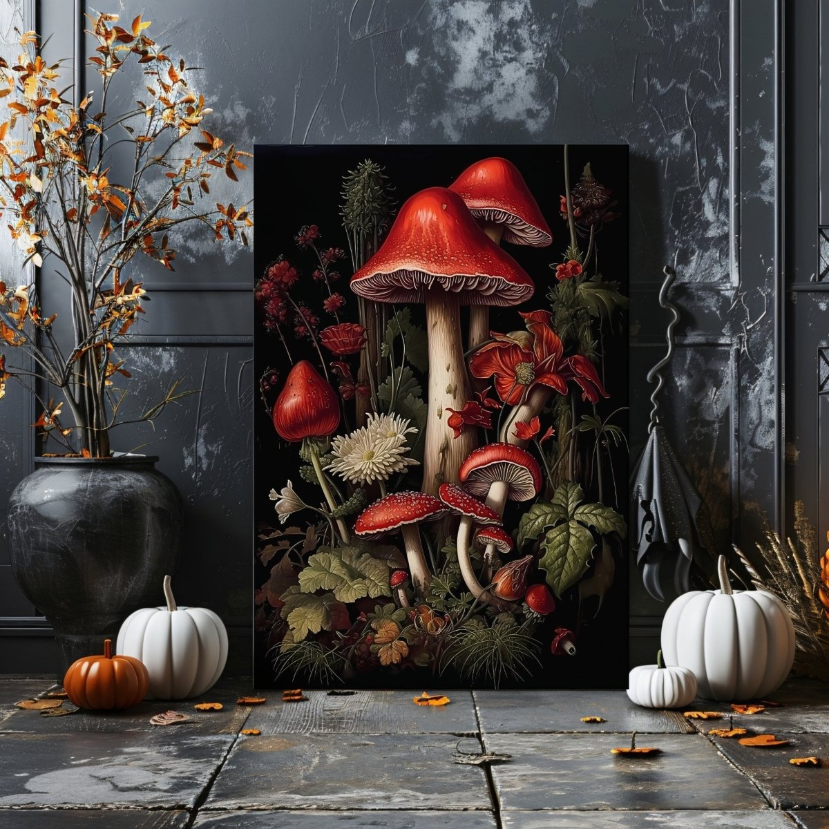 Red Mushrooms in Dark Forest Canvas Print Dark Cottagecore Goblincore Vintage Botanical Amanita Decor Whimsigoth Gothic Dark Academia - Everything Pixel