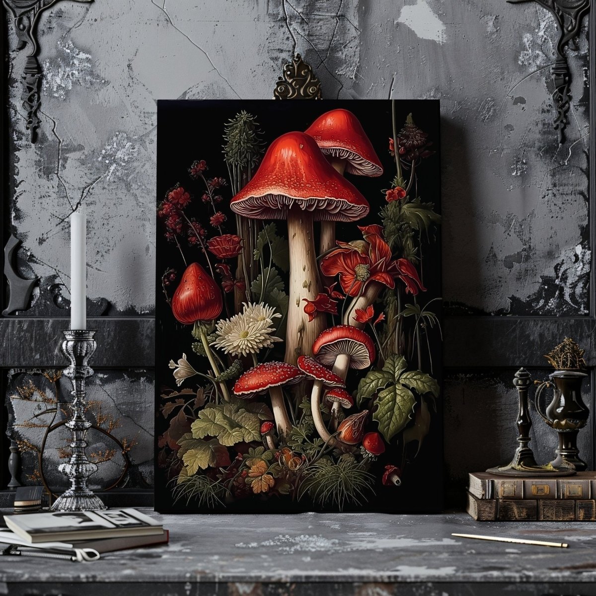 Red Mushrooms in Dark Forest Canvas Print Dark Cottagecore Goblincore Vintage Botanical Amanita Decor Whimsigoth Gothic Dark Academia - Everything Pixel
