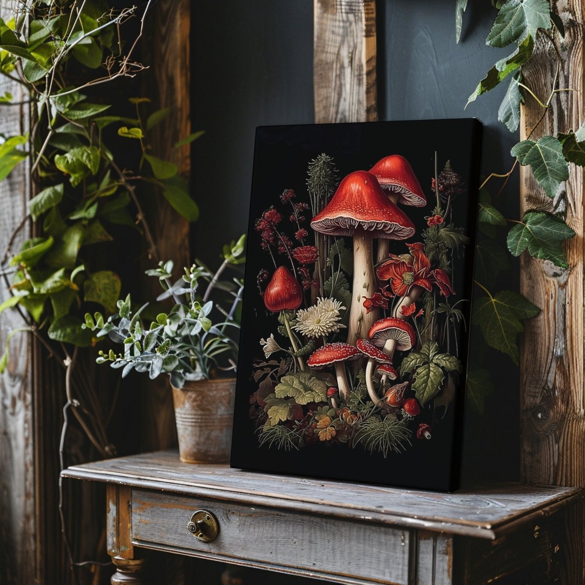 Red Mushrooms in Dark Forest Canvas Print Dark Cottagecore Goblincore Vintage Botanical Amanita Decor Whimsigoth Gothic Dark Academia - Everything Pixel
