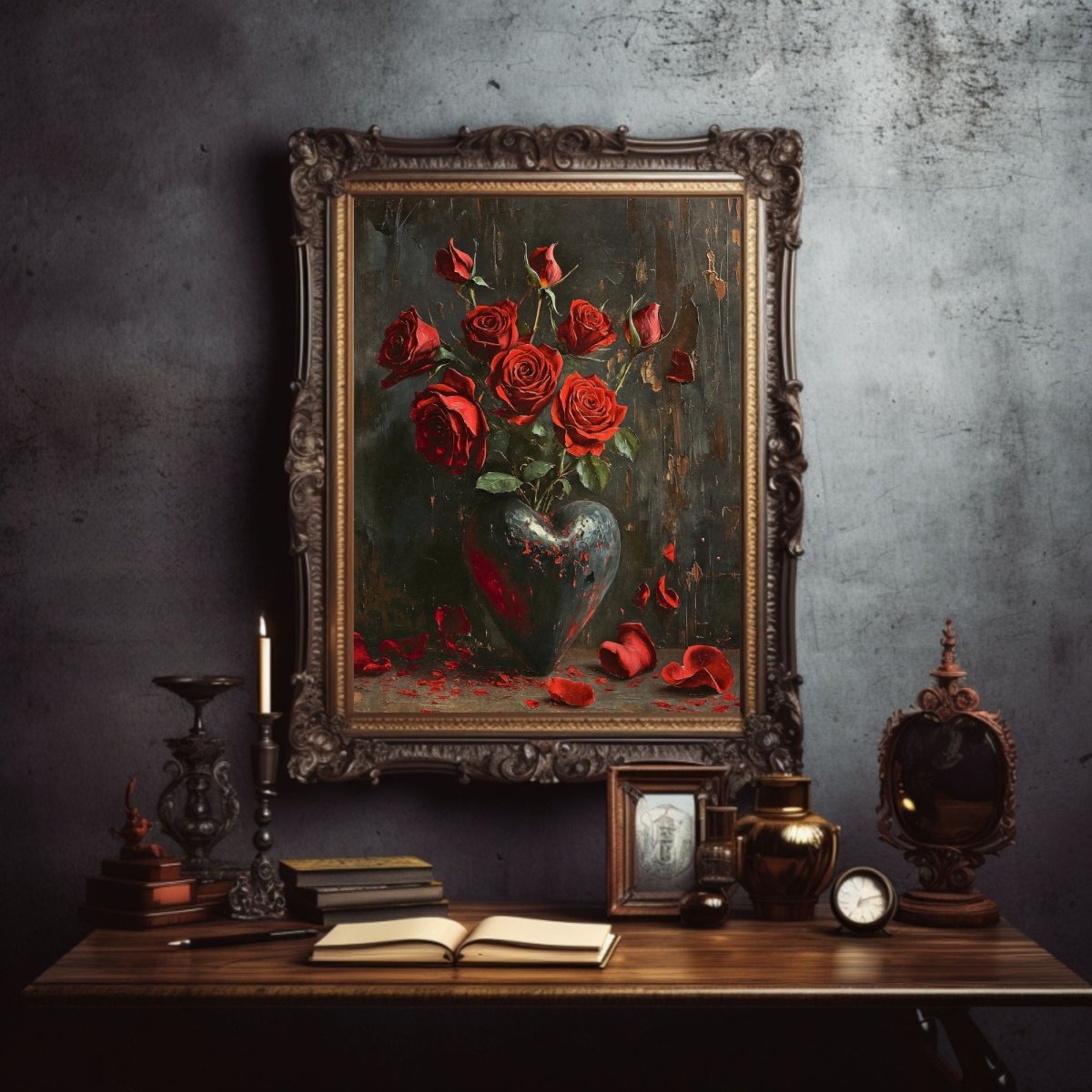 Red Rose Valentine Wall Art Still Life Oil Painting Heart with Red Roses Gothic Decor Goblincore Decor Dark Romance Print Paper Poster Print - Everything Pixel