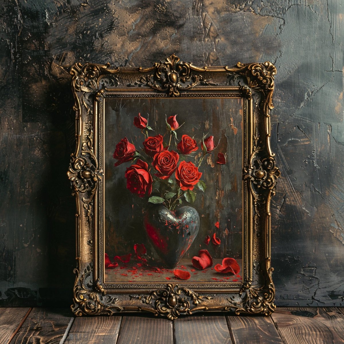 Red Rose Valentine Wall Art Still Life Oil Painting Heart with Red Roses Gothic Decor Goblincore Decor Dark Romance Print Paper Poster Print - Everything Pixel