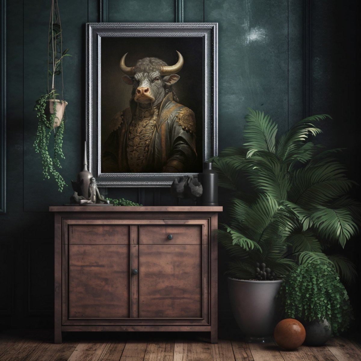 Royal Bull Wall Art Renaissance Animal Portrait Painting Baroque Bull Artwork Dark Academia Poster Animal Taurus Goth Decor Paper Poster Print - Everything Pixel