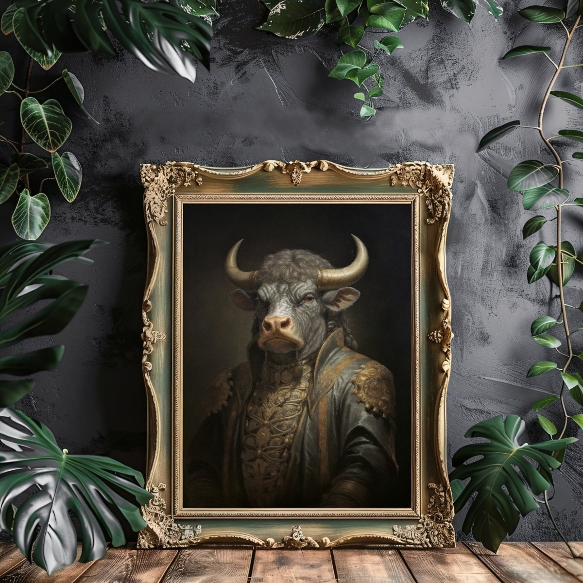 Royal Bull Wall Art Renaissance Animal Portrait Painting Baroque Bull Artwork Dark Academia Poster Animal Taurus Goth Decor Paper Poster Print - Everything Pixel