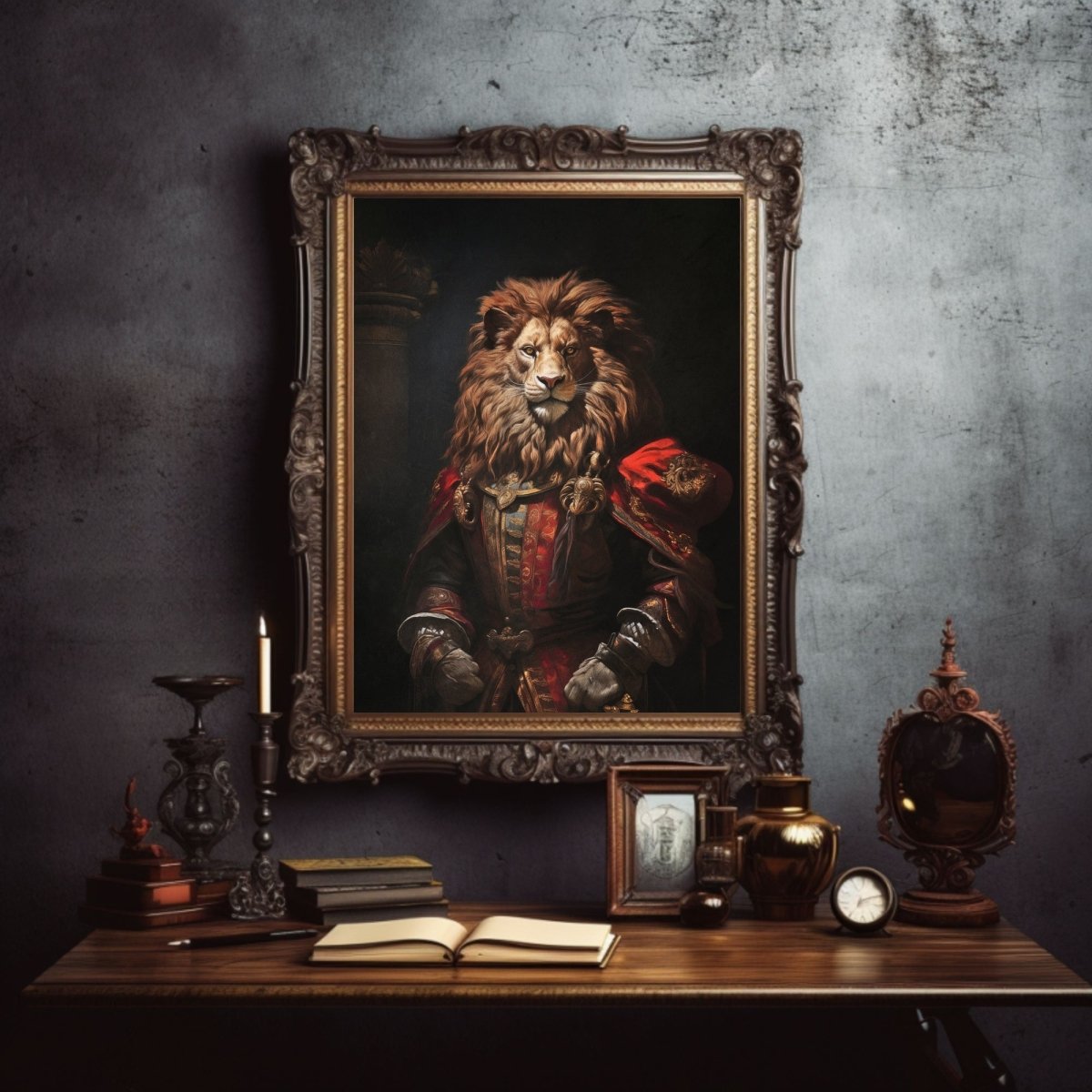 Royal Lion Wall Art Renaissance Animal Portrait Painting Baroque Lion Artwork Dark Academia Poster Animal Lion Goth Decor Paper Poster Print - Everything Pixel