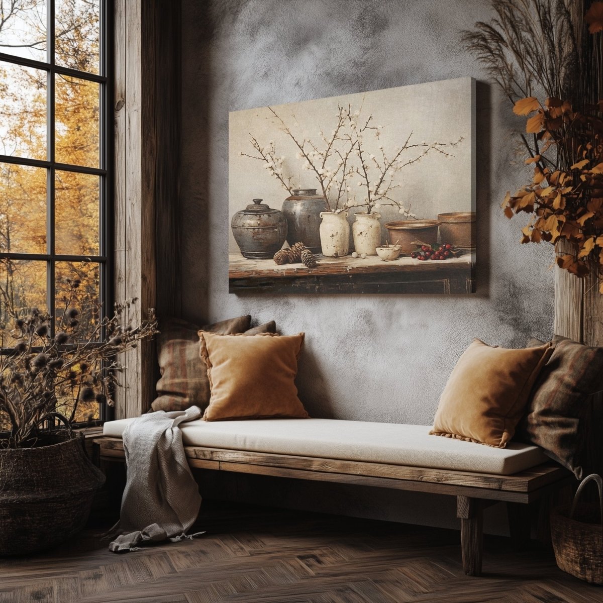 Rustic Elegance Canvas Print - Winter Blossoms, Earthy Farmhouse Decor, Vintage Christmas Wall Art - Everything Pixel