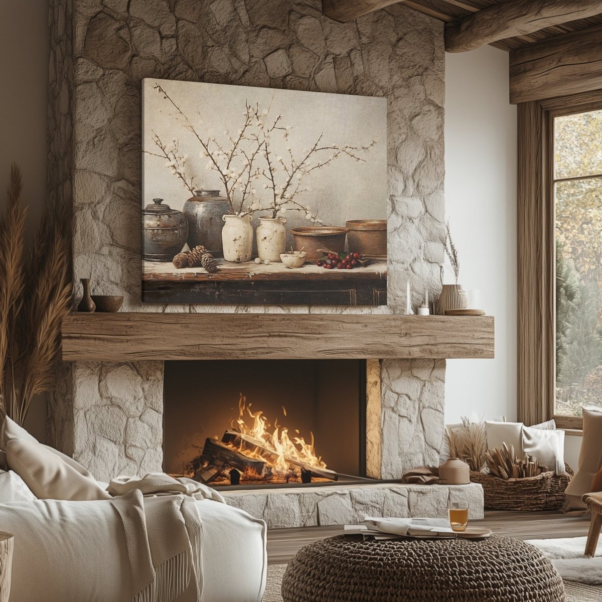Rustic Elegance Canvas Print - Winter Blossoms, Earthy Farmhouse Decor, Vintage Christmas Wall Art - Everything Pixel