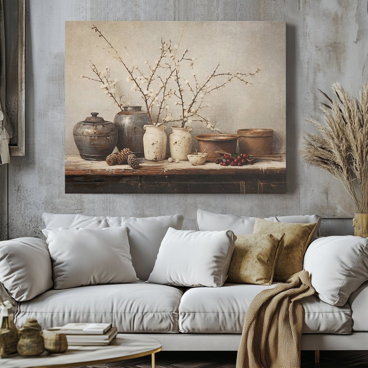 Rustic Elegance Canvas Print - Winter Blossoms, Earthy Farmhouse Decor, Vintage Christmas Wall Art - Everything Pixel