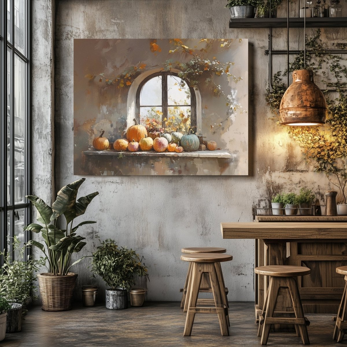 Rustic Windowsill with Pumpkins Canvas Print - Cozy Autumn Decor, Farmhouse Vintage Fall Still Life - Everything Pixel