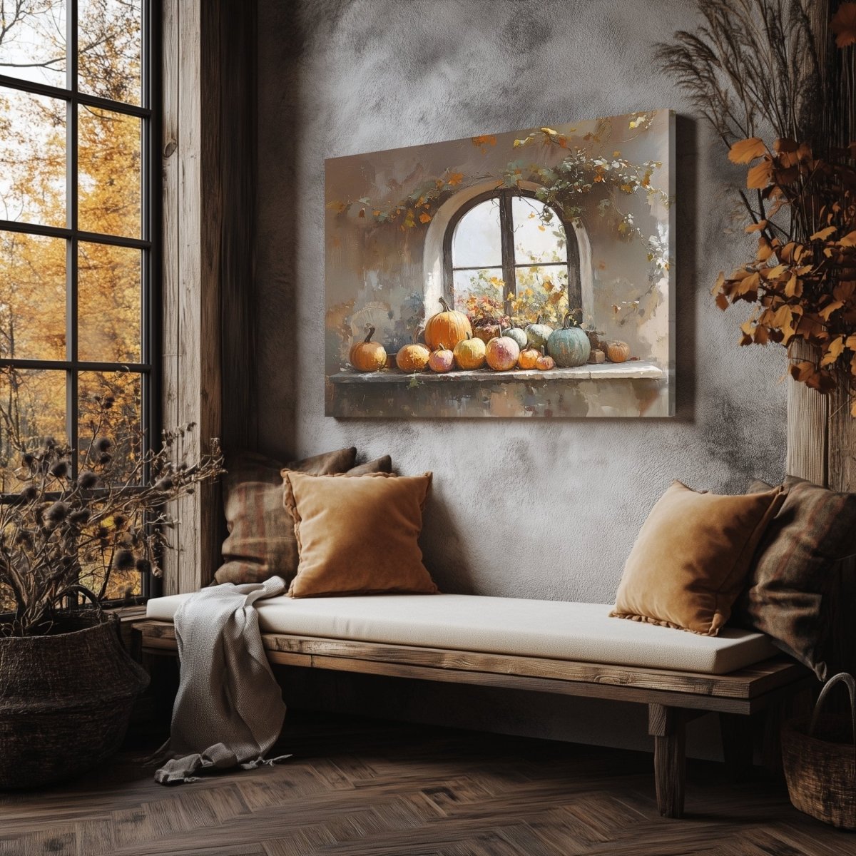 Rustic Windowsill with Pumpkins Canvas Print - Cozy Autumn Decor, Farmhouse Vintage Fall Still Life - Everything Pixel