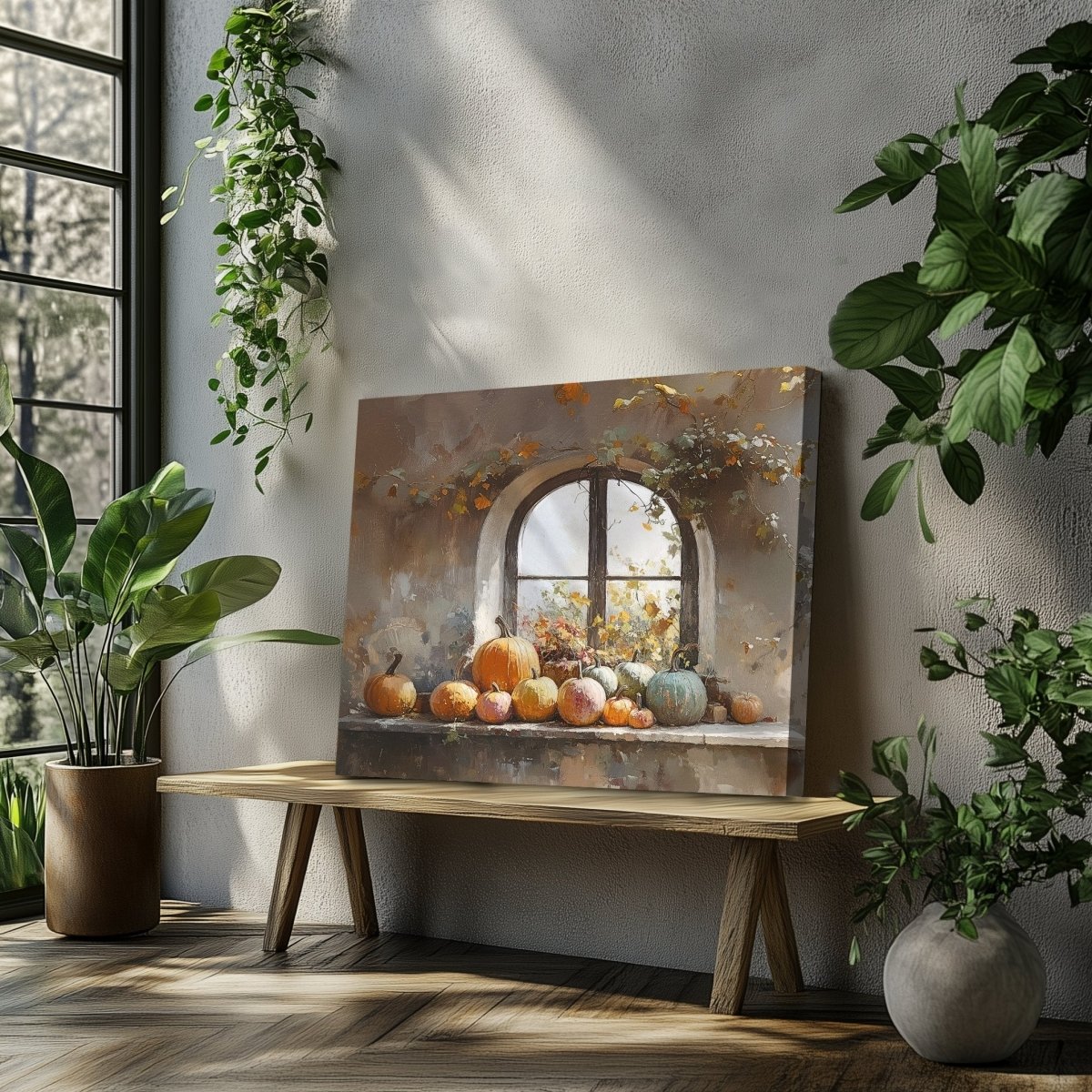 Rustic Windowsill with Pumpkins Canvas Print - Cozy Autumn Decor, Farmhouse Vintage Fall Still Life - Everything Pixel