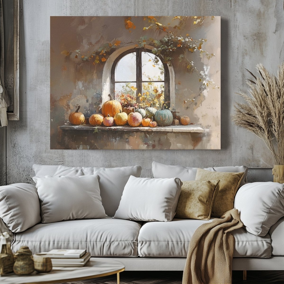 Rustic Windowsill with Pumpkins Canvas Print - Cozy Autumn Decor, Farmhouse Vintage Fall Still Life - Everything Pixel
