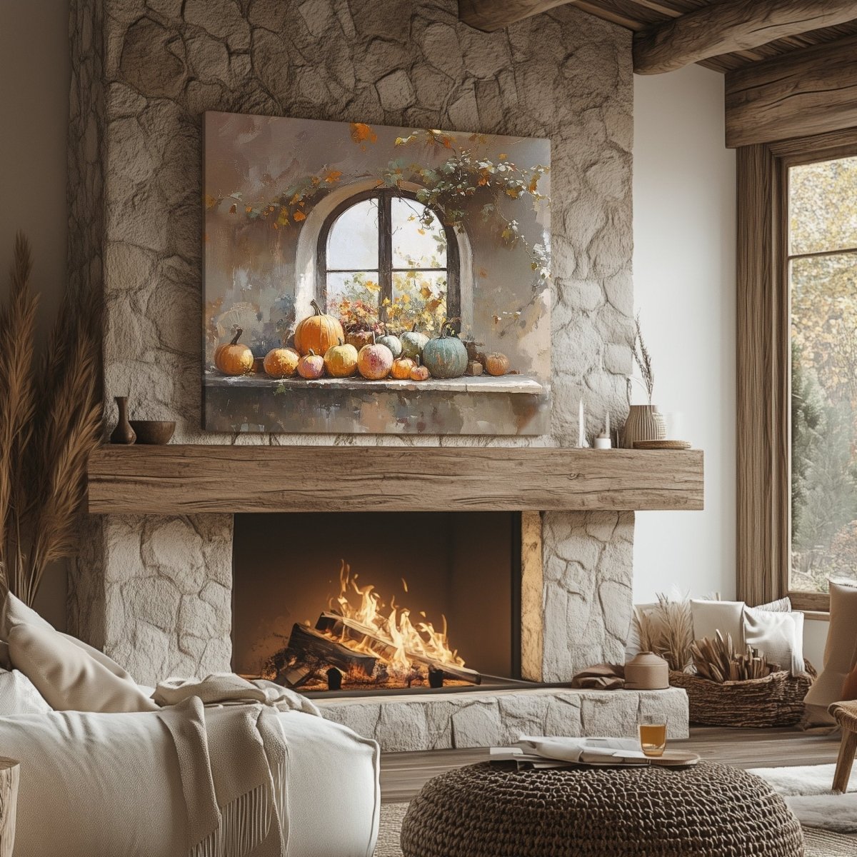Rustic Windowsill with Pumpkins Canvas Print - Cozy Autumn Decor, Farmhouse Vintage Fall Still Life - Everything Pixel