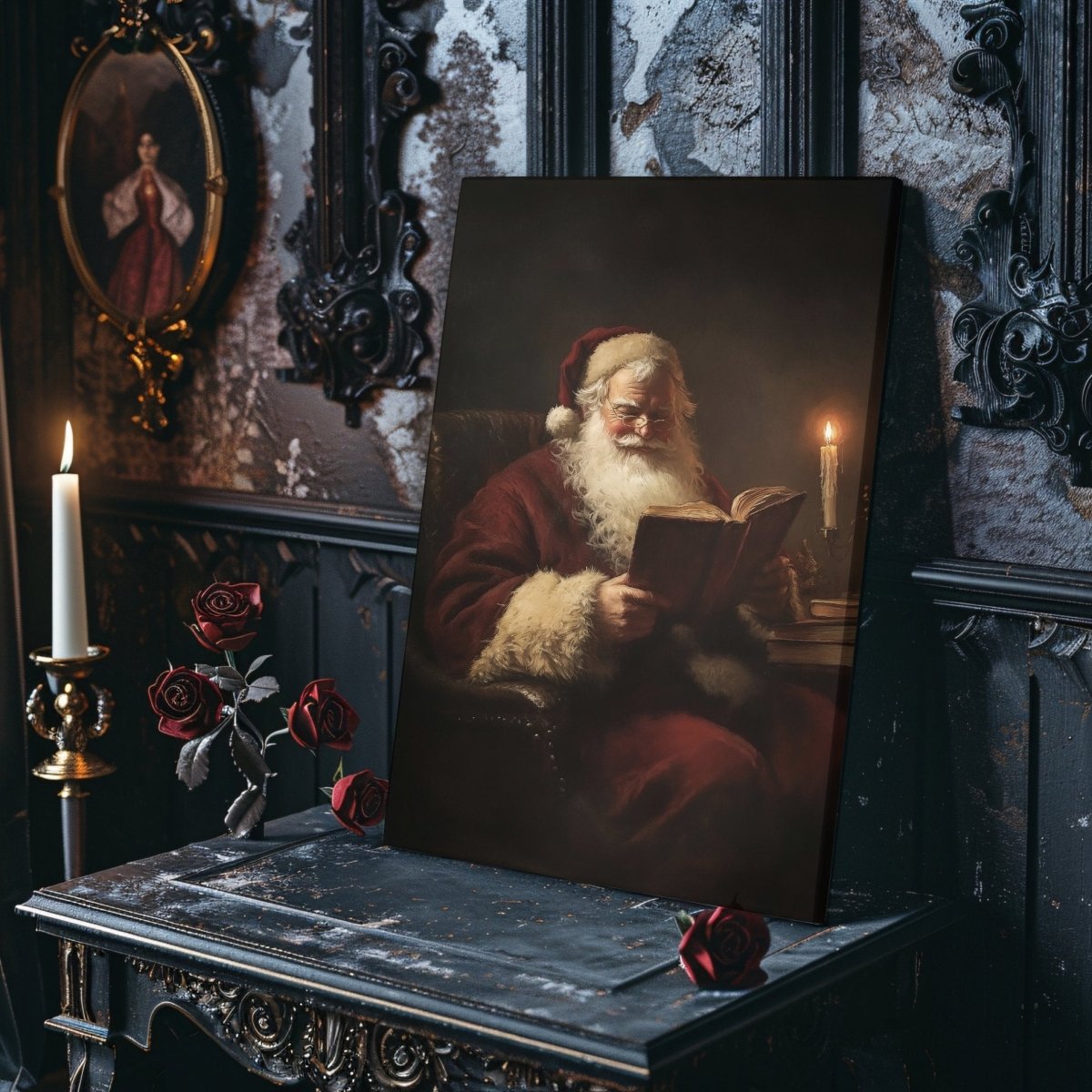 Santa Claus Reading by Candlelight - Cozy Christmas Canvas Print for Vintage Holiday Decor - Everything Pixel