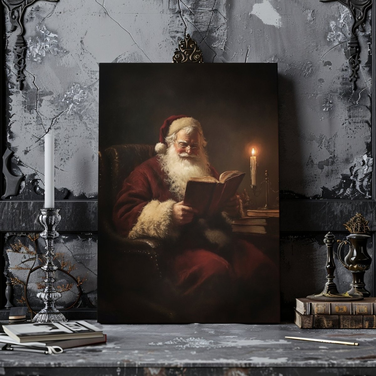 Santa Claus Reading by Candlelight - Cozy Christmas Canvas Print for Vintage Holiday Decor - Everything Pixel