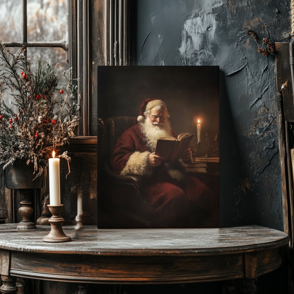Santa Claus Reading by Candlelight - Cozy Christmas Canvas Print for Vintage Holiday Decor - Everything Pixel
