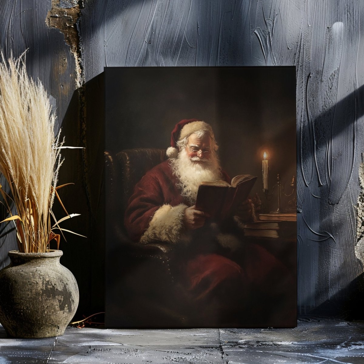 Santa Claus Reading by Candlelight - Cozy Christmas Canvas Print for Vintage Holiday Decor - Everything Pixel