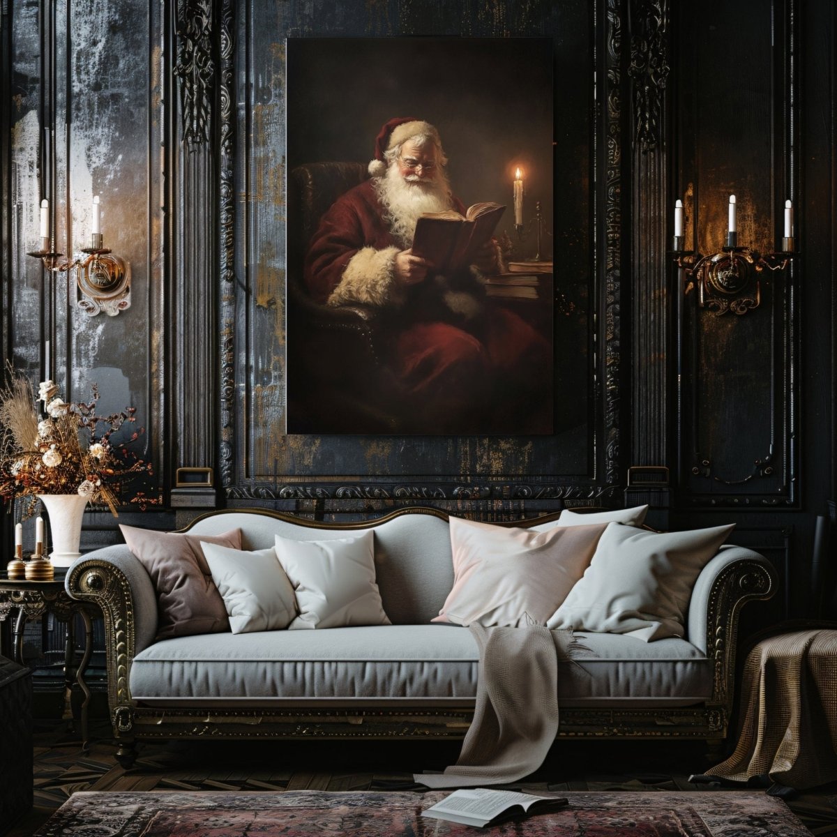 Santa Claus Reading by Candlelight - Cozy Christmas Canvas Print for Vintage Holiday Decor - Everything Pixel