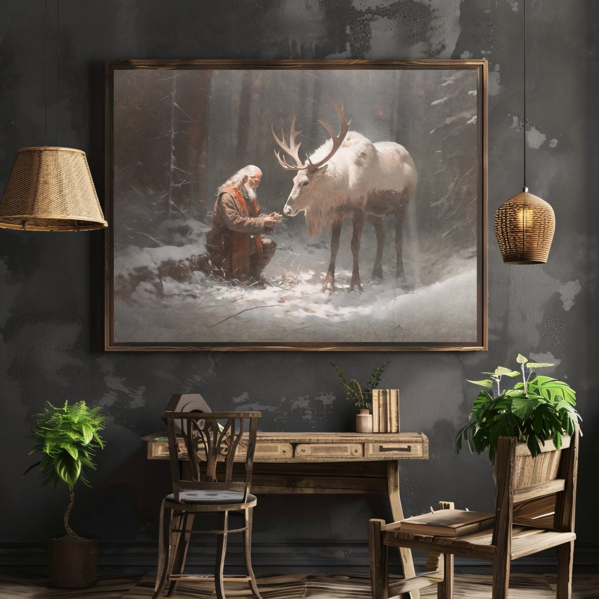 Santa with Companion Wall Art Vintage Reindeer Painting Charming Christmas Scene Muted Seasonal Santa Claus with Reindeer Artwork Paper Poster Print - Everything Pixel