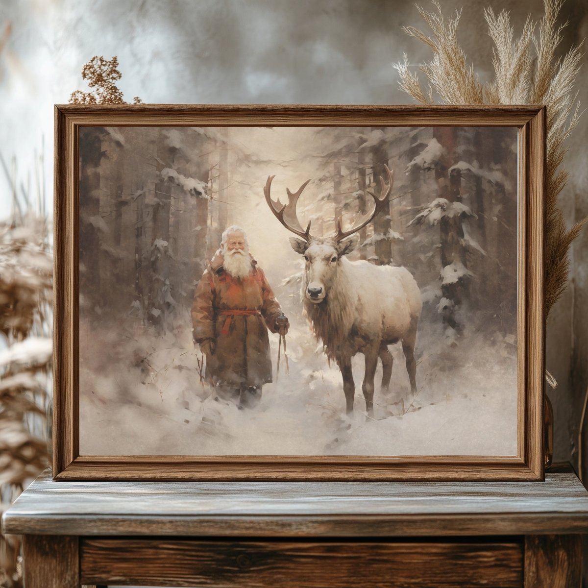Santa with Reindeer Companion Wall Art Vintage Reindeer Painting Charming Christmas Scene Muted Rustic Seasonal Winter Artwork Paper Poster Print - Everything Pixel