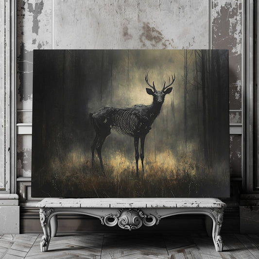 Skeletal Stag Canvas Print – Gothic Mystical Deer in a Haunted Forest Setting - Everything Pixel