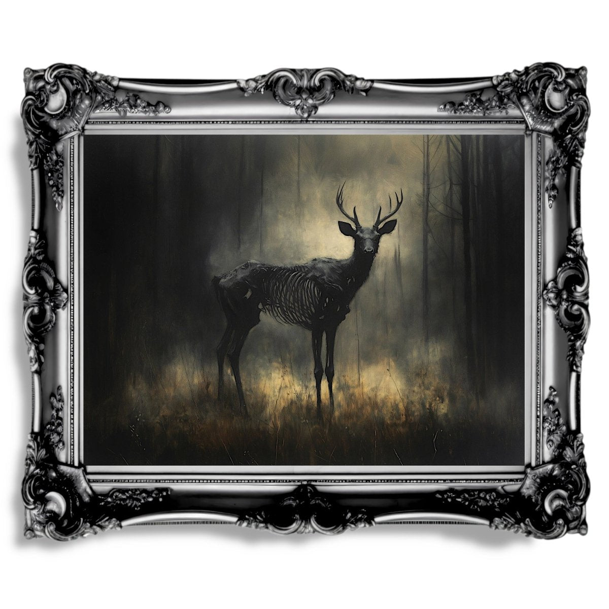 Skeletal Stag Wall Art Print – Dark Gothic Forest Scene with Mystical, Macabre Atmosphere - Everything Pixel