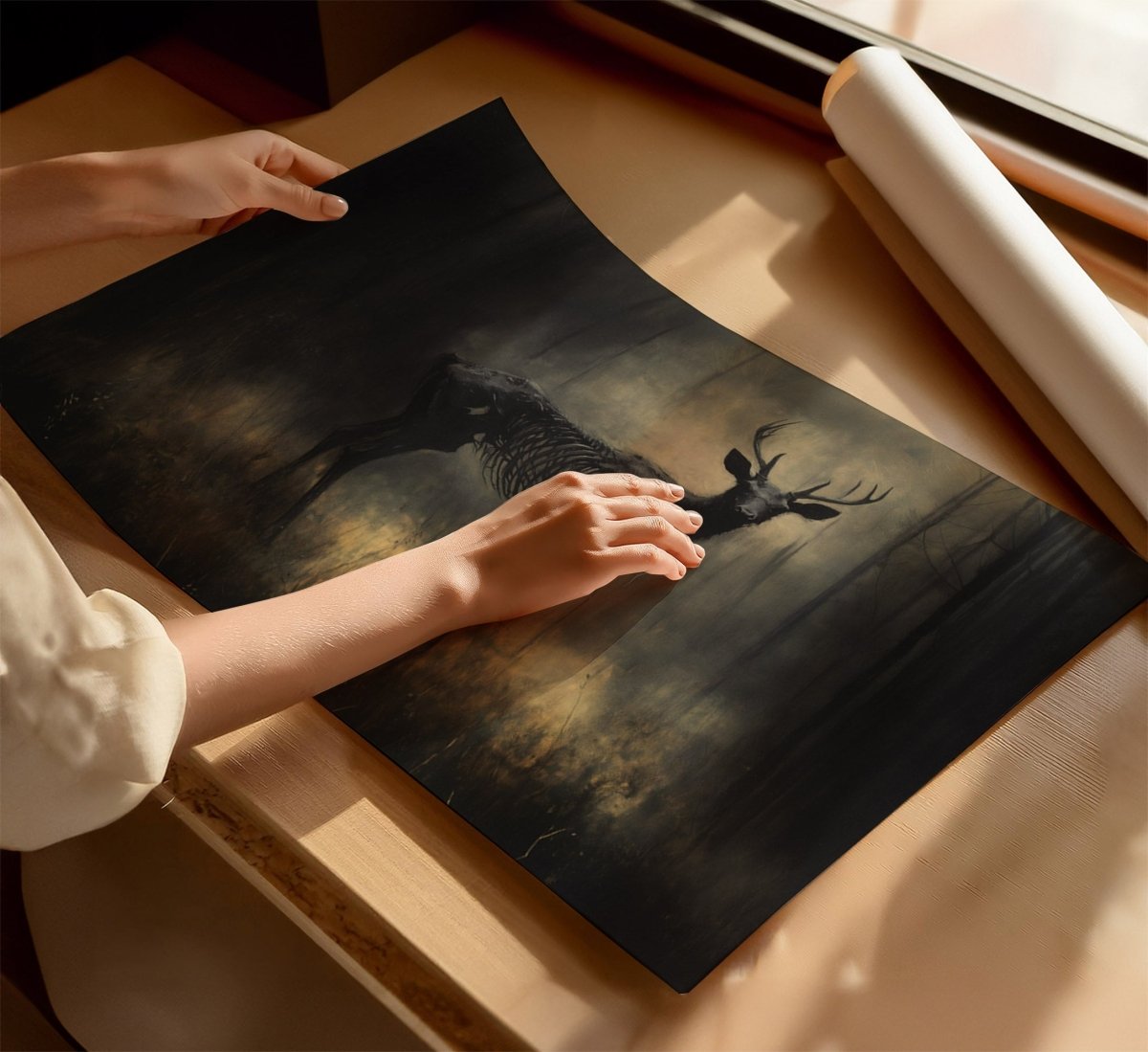 Skeletal Stag Wall Art Print – Dark Gothic Forest Scene with Mystical, Macabre Atmosphere - Everything Pixel