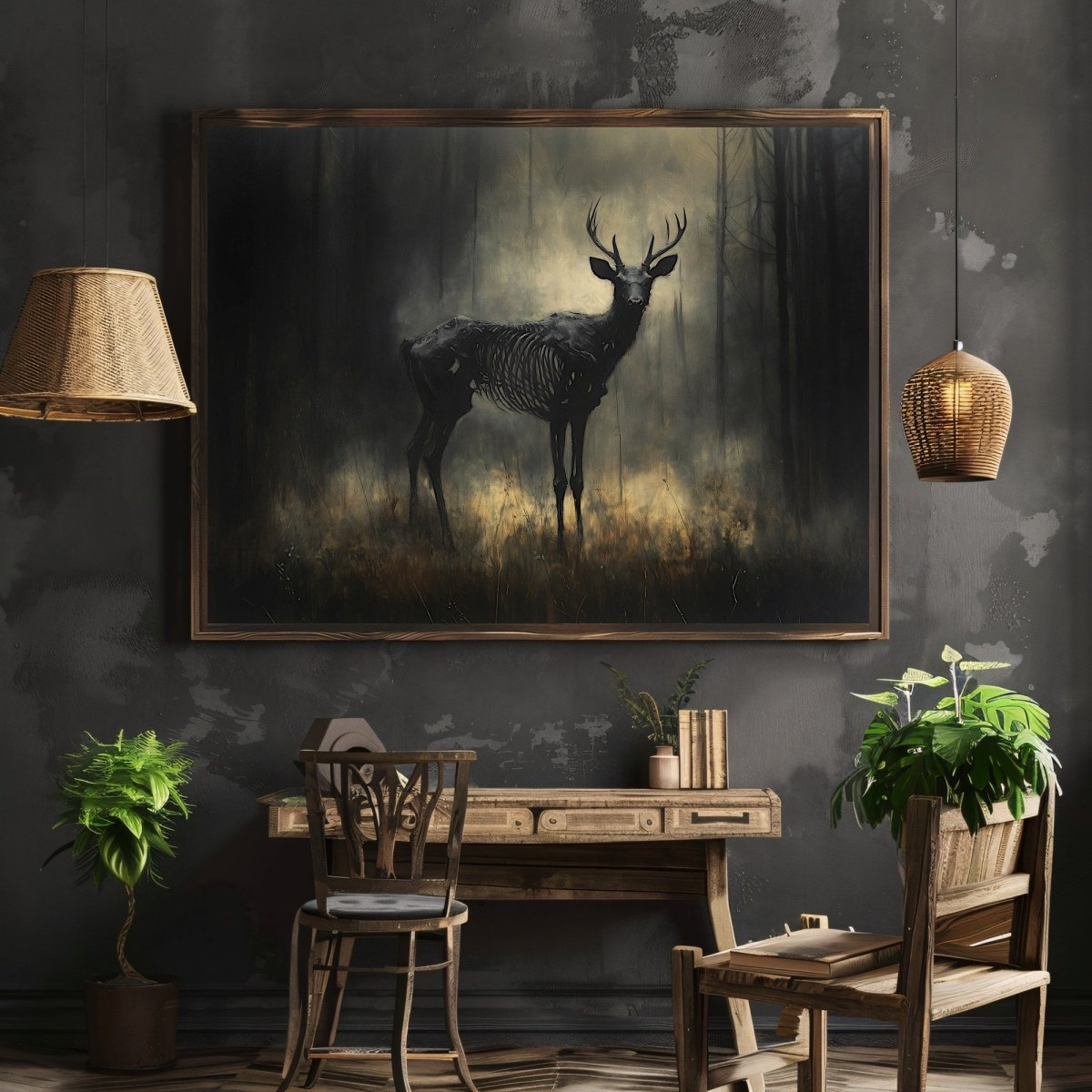 Skeletal Stag Wall Art Print – Dark Gothic Forest Scene with Mystical, Macabre Atmosphere - Everything Pixel