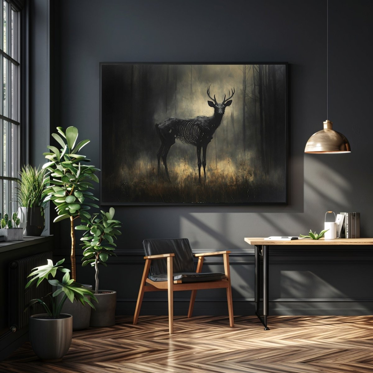 Skeletal Stag Wall Art Print – Dark Gothic Forest Scene with Mystical, Macabre Atmosphere - Everything Pixel