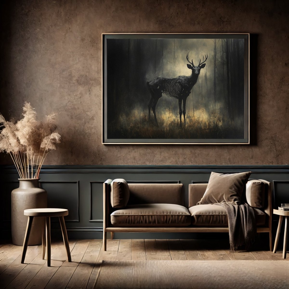 Skeletal Stag Wall Art Print – Dark Gothic Forest Scene with Mystical, Macabre Atmosphere - Everything Pixel