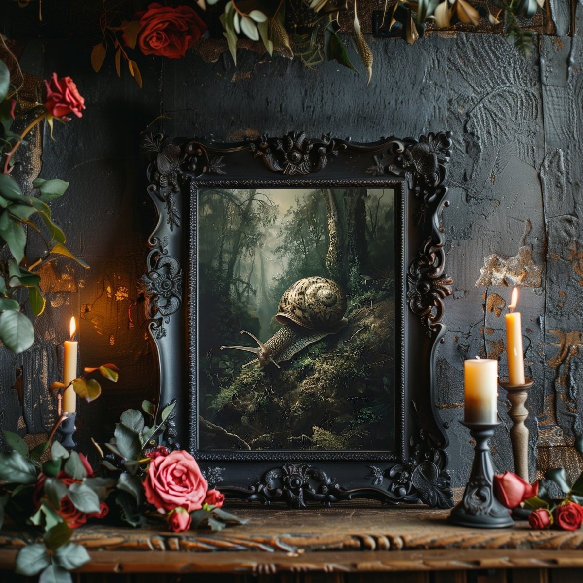 Snail on Mossy Ground in Moody Woodland Painting - Slug Wildlife Wall Decor - Gothic Wall Art Print - Everything Pixel