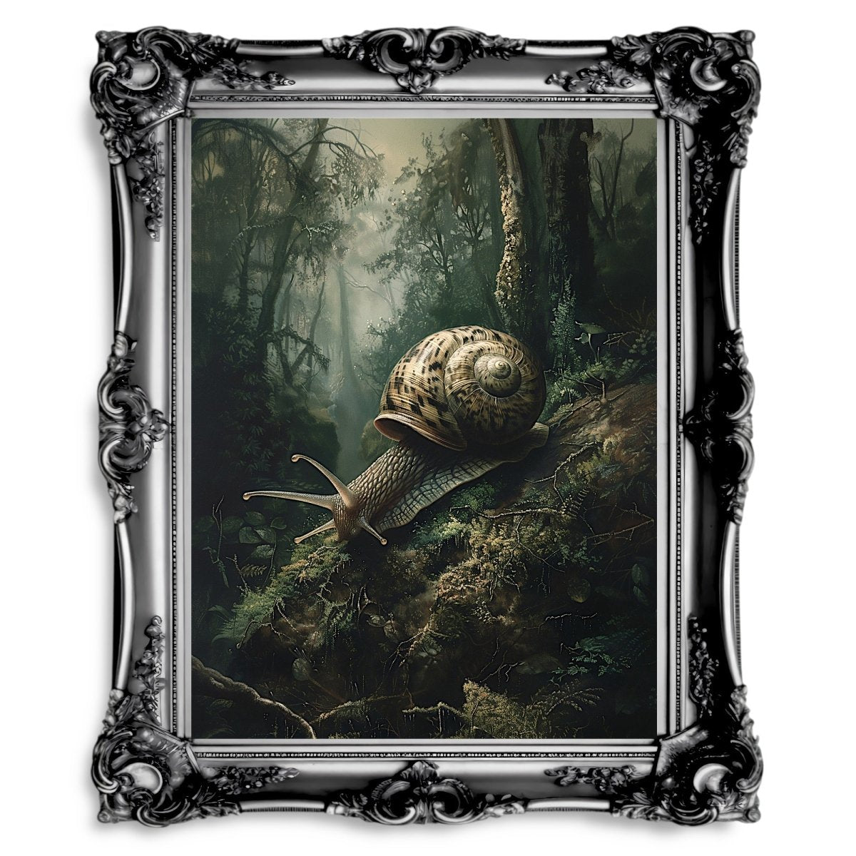 Snail on Mossy Ground in Moody Woodland Painting - Slug Wildlife Wall Decor - Gothic Wall Art Print - Everything Pixel