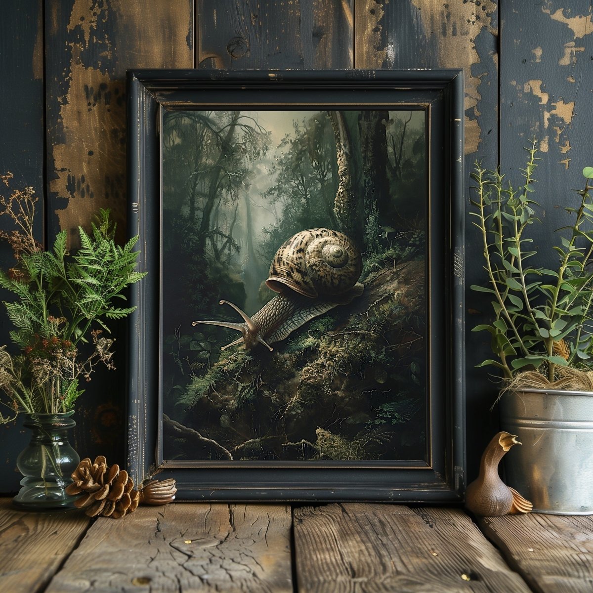 Snail on Mossy Ground in Moody Woodland Painting - Slug Wildlife Wall Decor - Gothic Wall Art Print - Everything Pixel